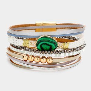 Natural Stone Accented Faux Leather Magnetic Bracelet